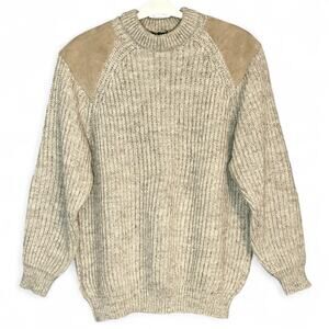 Cabela’s Vintage Wool Field Sweater Sz M 48" Chest Oatmeal Tan Suede Patches UK